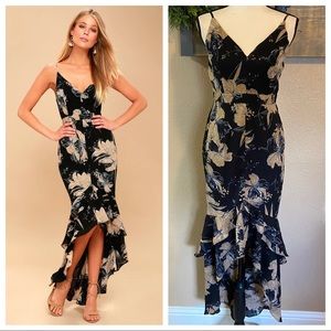 NWOT Lulus Darling Daylily Black Floral Print High-Low Maxi Dress